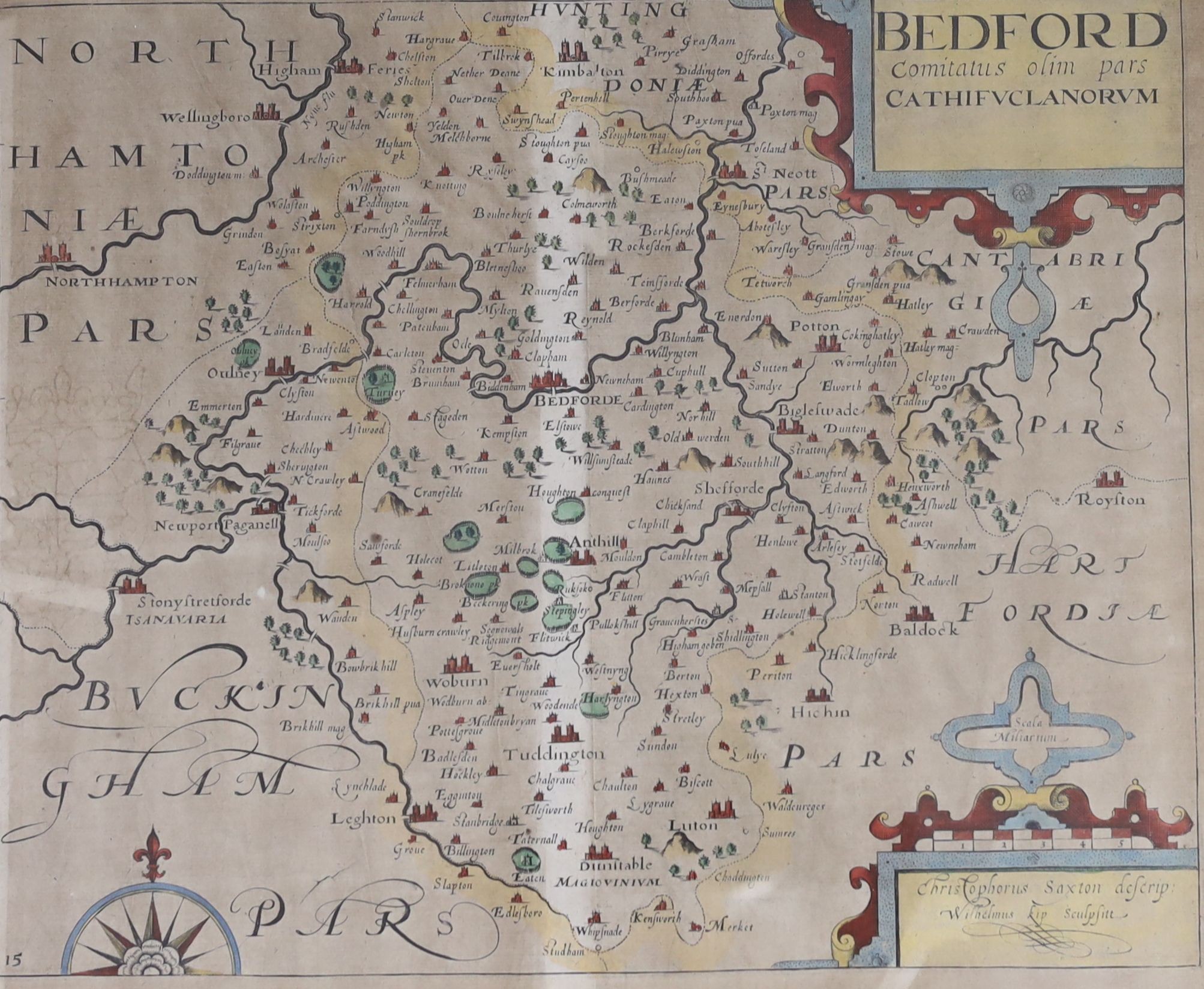 Saxton and Kip, two coloured engravings, Maps of Bedford and Lincolniae, 31 x 36cm